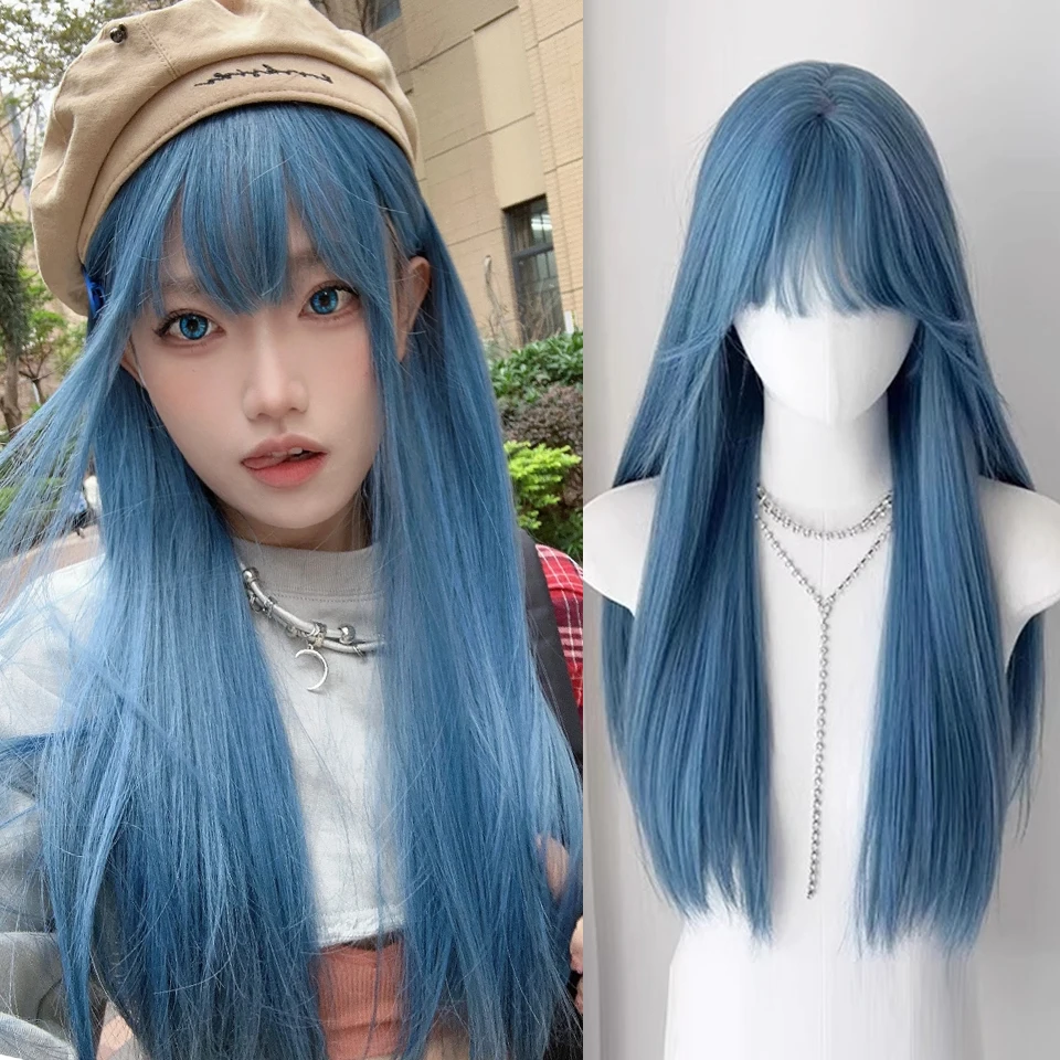 Blue Wig with Bangs 24inch Long Straight Hair Wigs For Women Lolita Natural Looking Headband Heat Resistant Fibers Synthetic Wig