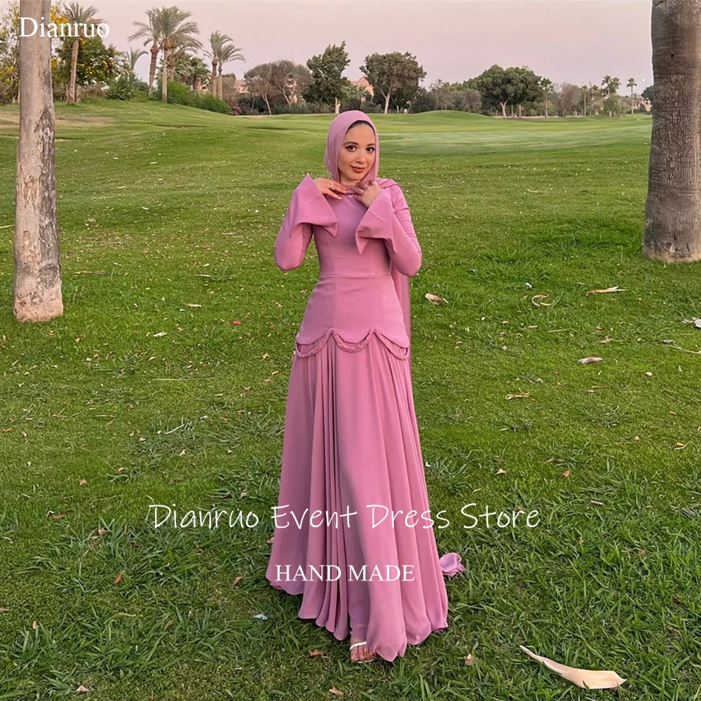 

Dianruo A Line Ribbons Evening Dress Chiffon Maxi Gown for Festive Occasions Muslim Flared Sleeves Abendkleider Dubai Customized
