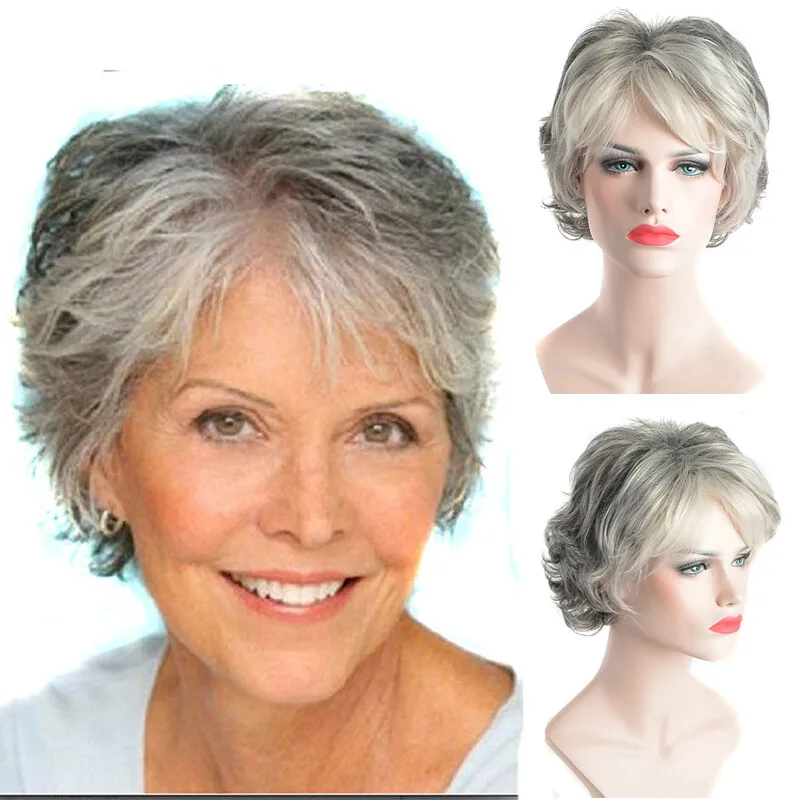 

Ombre Silver Gray Wigs For Women Perruque Short Curly Wavy Wigs with bangs
