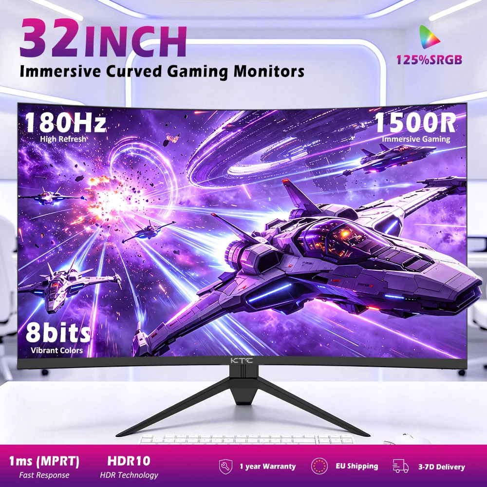 monitor curvo para juegos ktc 32 1500r h32s17 popular 2560x1440 qhd 180hz 169 eled 99 srgb hdr10 tiempo de respuesta de 1 ms mprt compatible con freesync y g-sync usb hdmi 20 2xdp 14