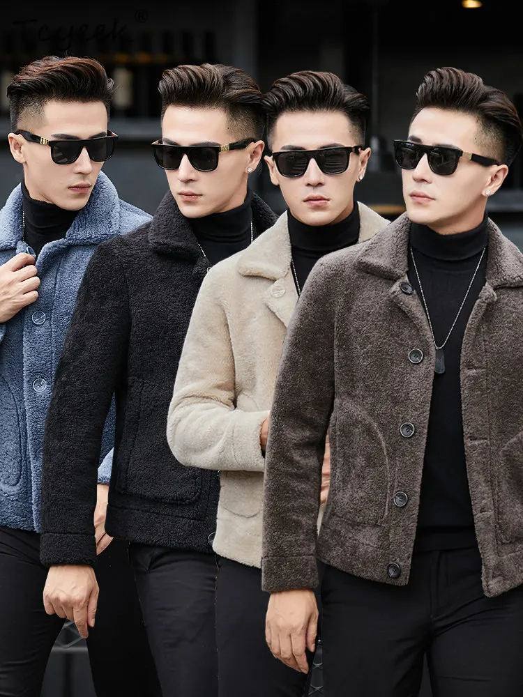 Tcyeek 100% Wool Jacket Men Autumn Winter Clothes Fur Jacket Suit Collar Mens Coats Trendy Slim Fit Reversible Abrigo Hombre