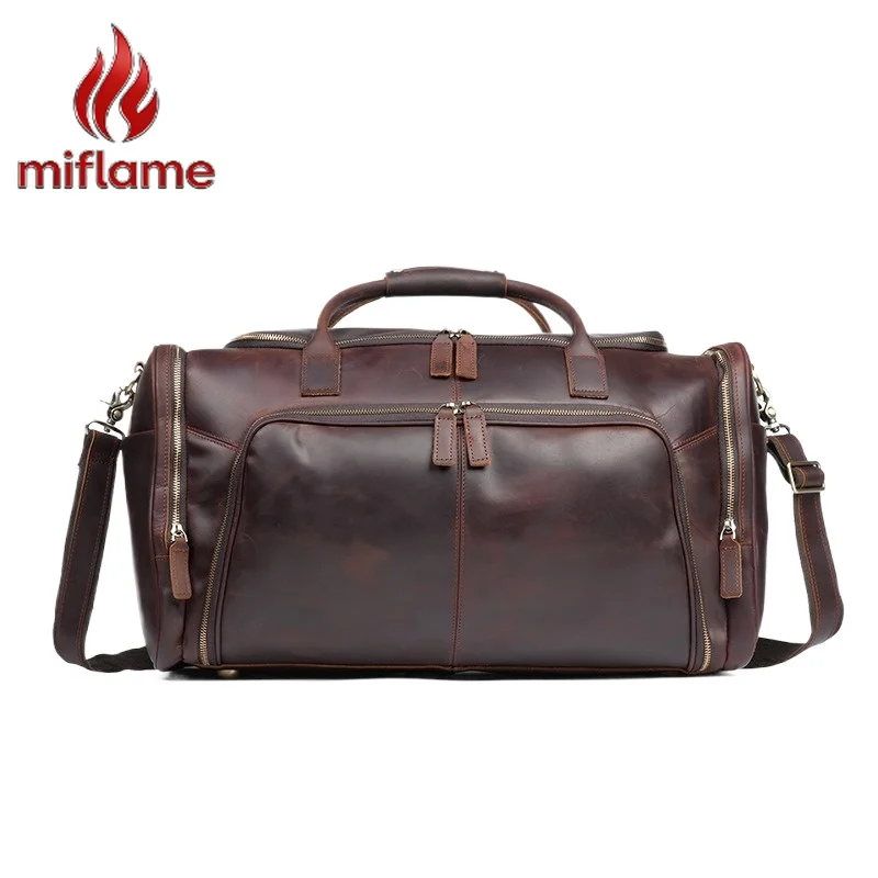 

Men's Genuine Leather Large Capacity Vintage Travel Weekender Duffel Bag with Detachable Shoulder Strap for Weekend