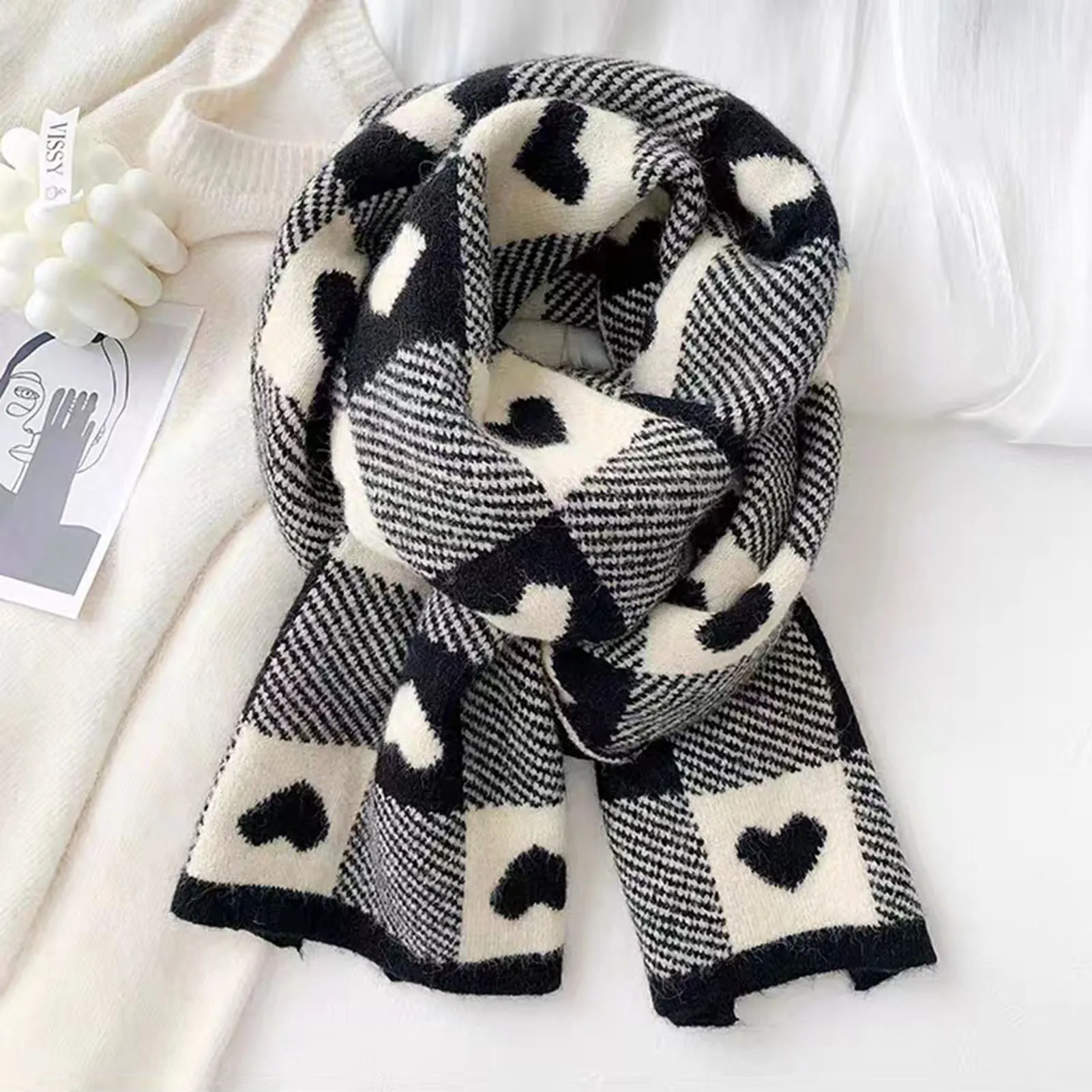 Autumn and Winter Scarf Love Checkerboard Scarf Thick Fabric Long Scarves Birthday Gift for Women