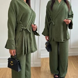Muslim Women's Kmono Pants Sets, Wrap Tie Tops Wide Legs Pants, Modest Hijabi Outfit, Casual Islamic Clothing, Ramadan Eid
