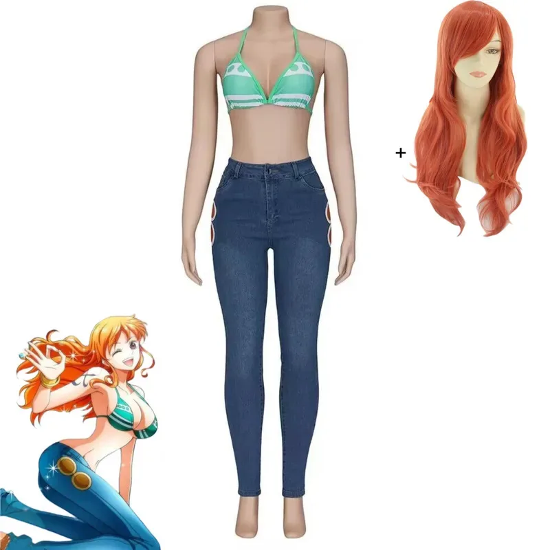 Anime Nami Cosplay Costume Wano Kuni Country Skinny Jean Tube Tops Swimsuit Wig Woman Sexy Summer Day Beach Party Suits;2k,j'x.8