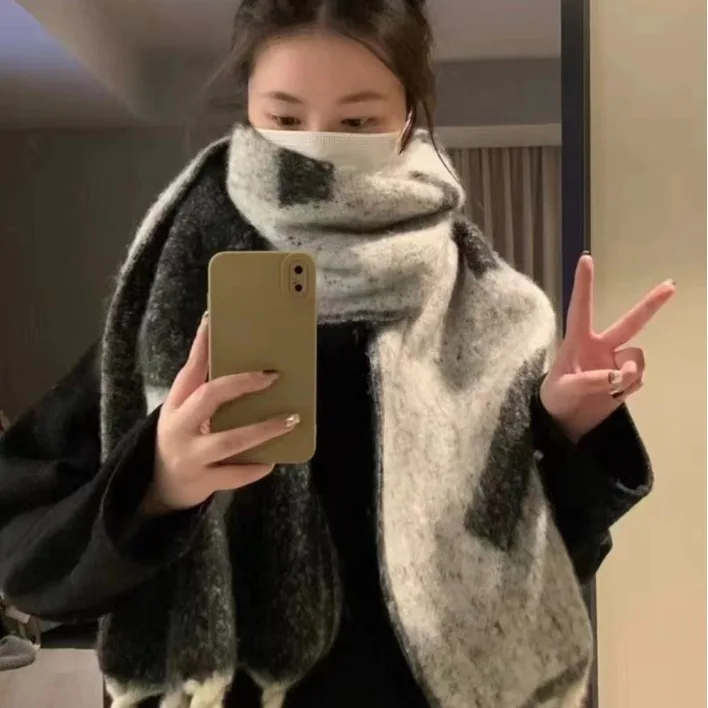 موضة الموهير الصوف شرابة الأوشحة الدافئة سميكة جديلة هامش خمر شال سميك لينة الفحم رمادي وشاح طويل الشتاء/الخريف #2