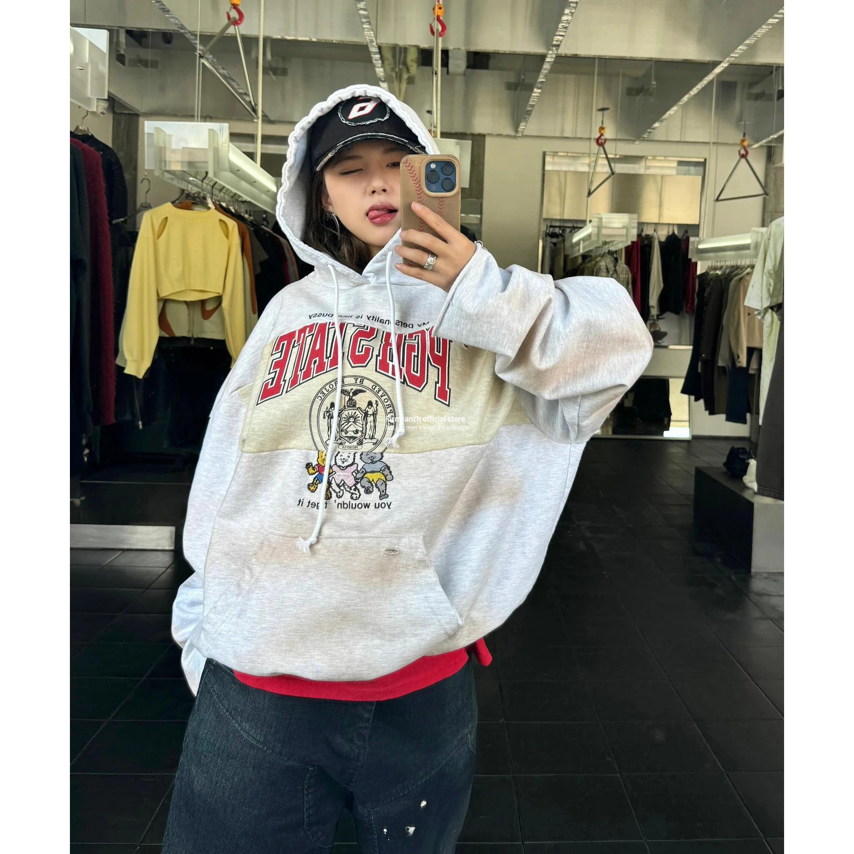 Firmranch 25ss Korean Fashion Vintage Distressed, Worn-out, Patchwork, Letter Print Hoodie For Men And Women Hooded Sweatshirt