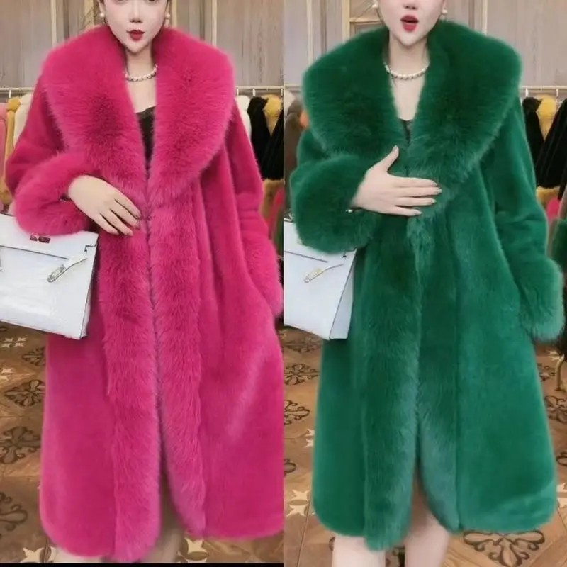 2023 Winter Fur Coat Women Thickened Artificial Fox Fur Mid Length Mink All Match Big Fur Collar Long Sleeved  Female Outwear