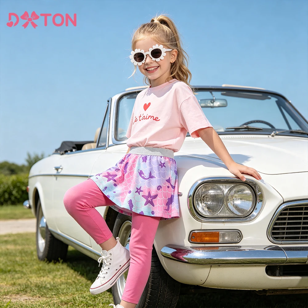 DXTON Mädchen-Hose + Rock mit Meerjungfrauen-Print, Herbst-Leggings für Kleinkinder mit Rock, Herbst-Rockhose für Kinder, Fake-Sport-Outfits