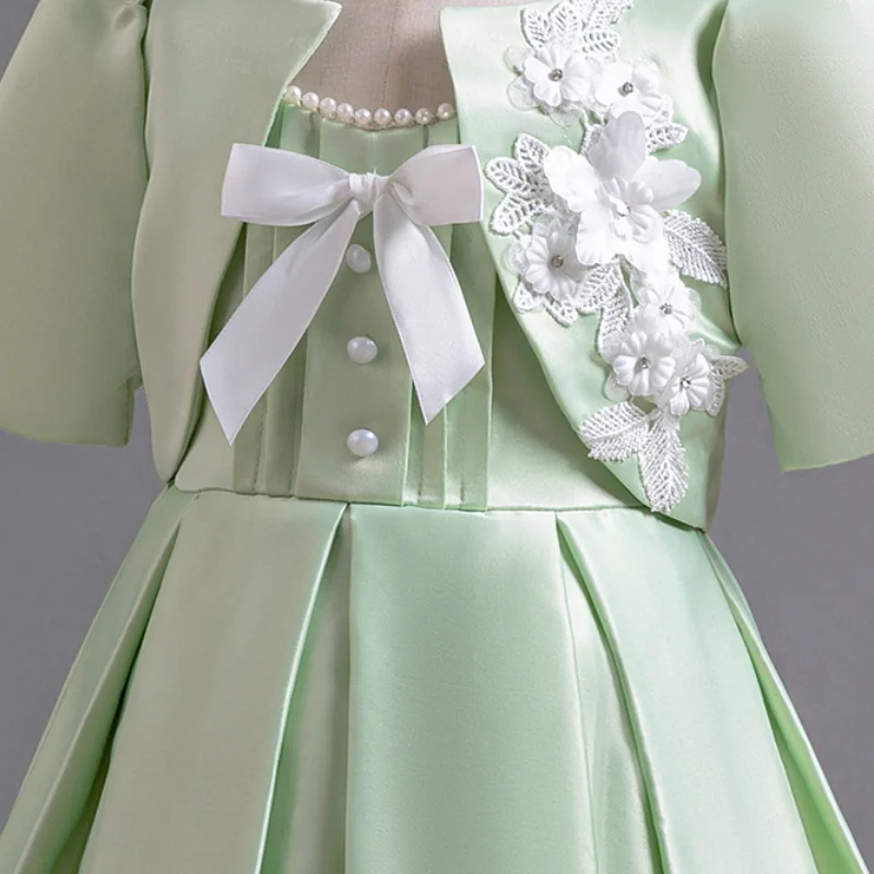 Girl\'s New Decal Pearl Bow Green Princess Dress Wedding Flower Girl Piano Performance Princess Dress for 4 5 6 7 Years