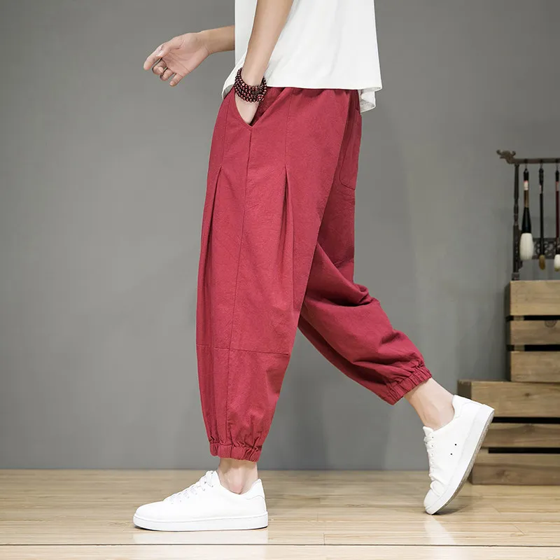 

Summer Thin Breathable Cotton Linen Men's Loose Wide Leg Pants Cuffed Sports Pants Retro Linen Trousers Lightweight Casual Tr...