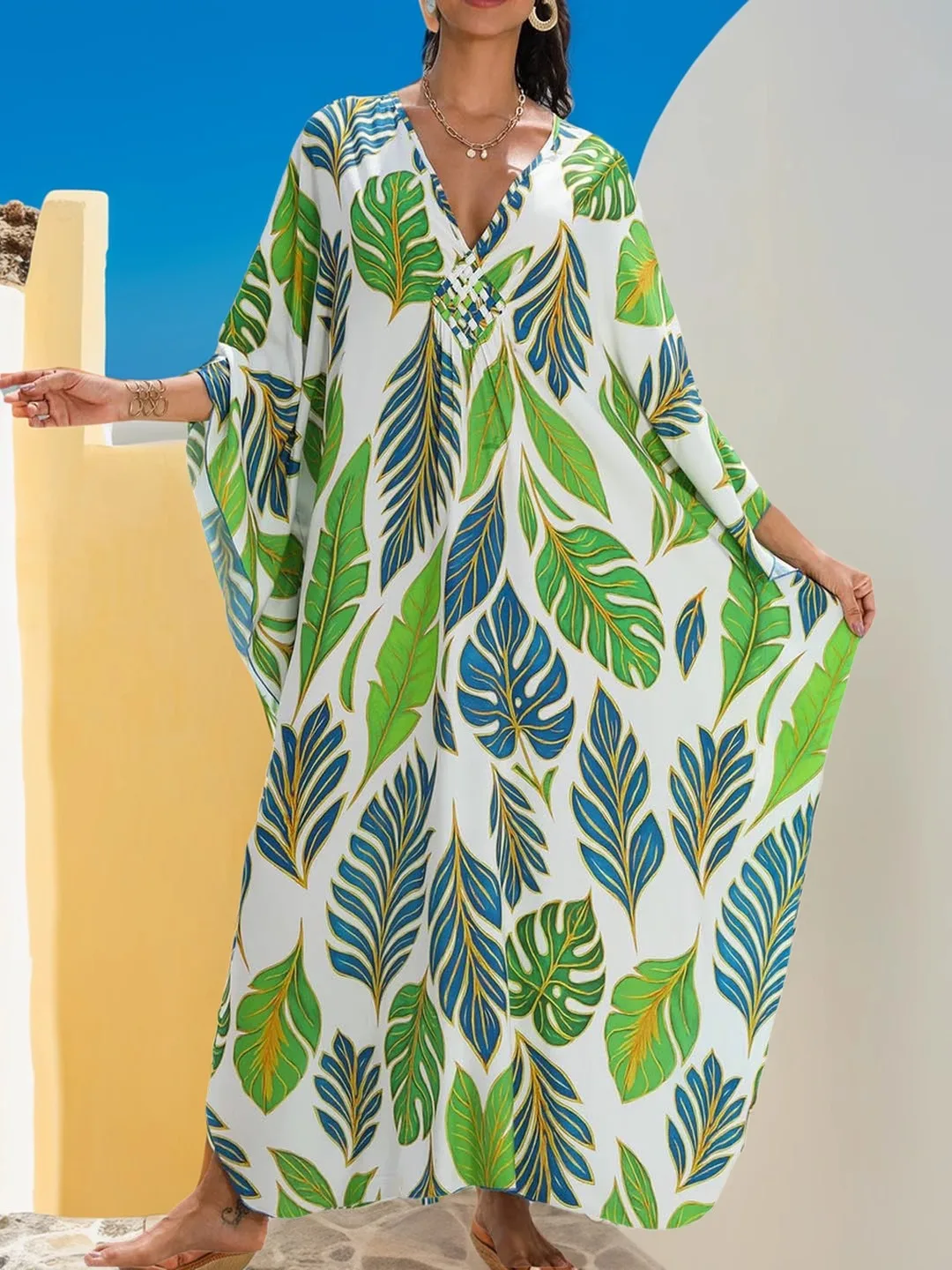 N Sle Long Dr Loose Fit Beach Vaion Aosphere Sensation Print Cotton V-Ne A-Line تنورة ماكسي Dr