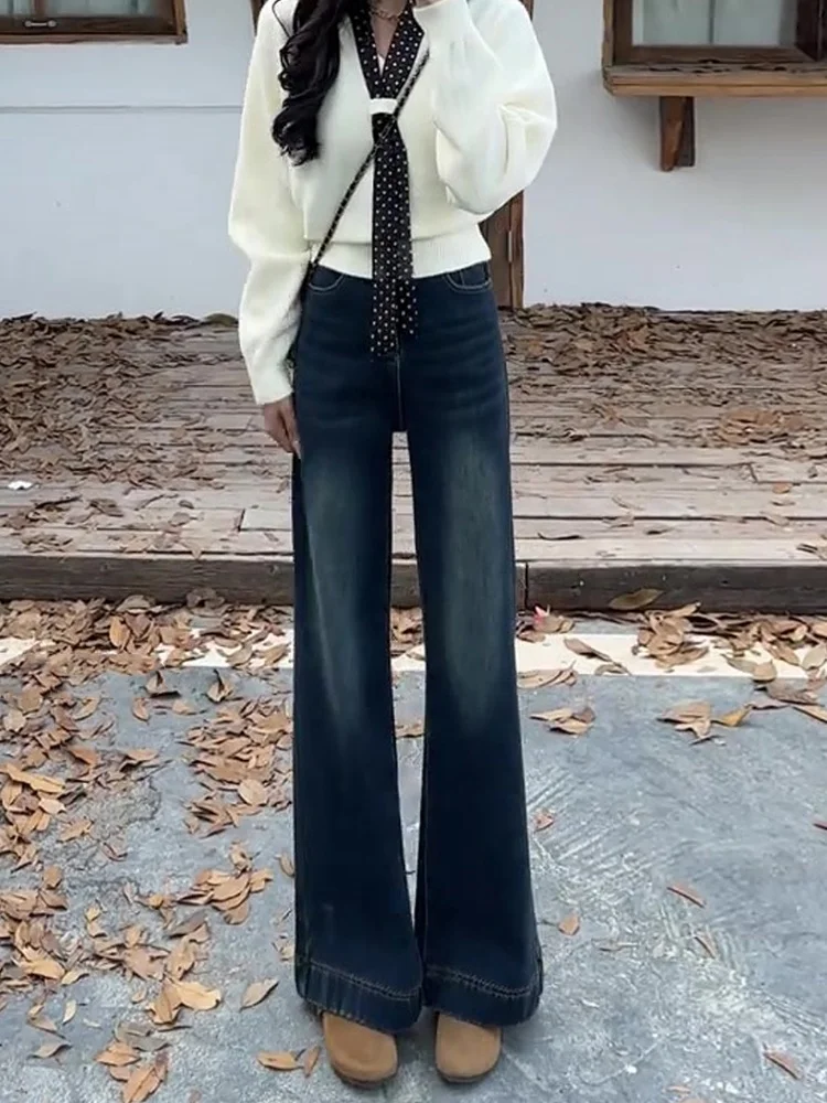 

Retro Fleece Lined Thickened Bell Bottom Jeans Women Winter plus Size Fashionable Straight Leg Jeans High Waist Denim Pants