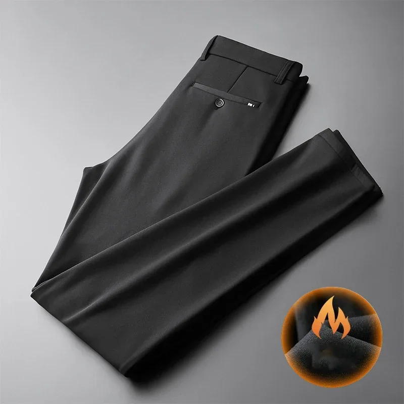 BROWON Brand Pants Men 2026 Winter Fleece Thick Warm Men Casual Pants Solid Color Elastic Business Straight Trouser Men Clothing