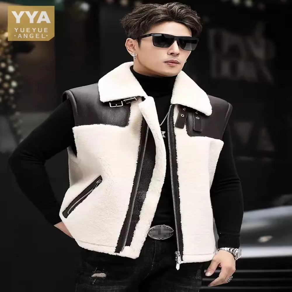 Mens Fashion Genuine Leather Patchwork Real Vest Business Casual Winter Warm Sleeveless Jacket Sheep Fur Shearling Waistcoat