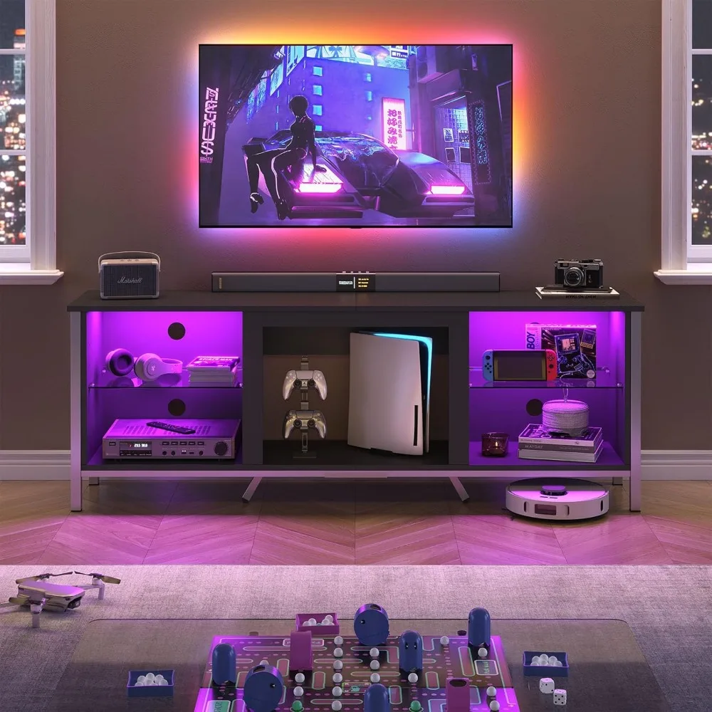 حامل تلفزيون 75 بوصة مع مركز ألعاب LED لجهاز PS5، أرفف قابلة للتعديل وأضواء LED، تصميم حديث