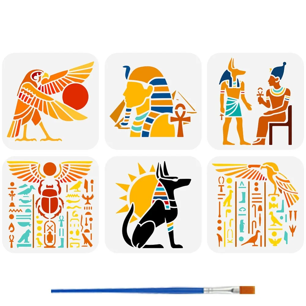 6Pcs Egyptian Patterns Stencil with Brush 5.9x5.9 Inch Ancient God Anubis Stencil Egyptian Divine Birds Stencils Plastic
