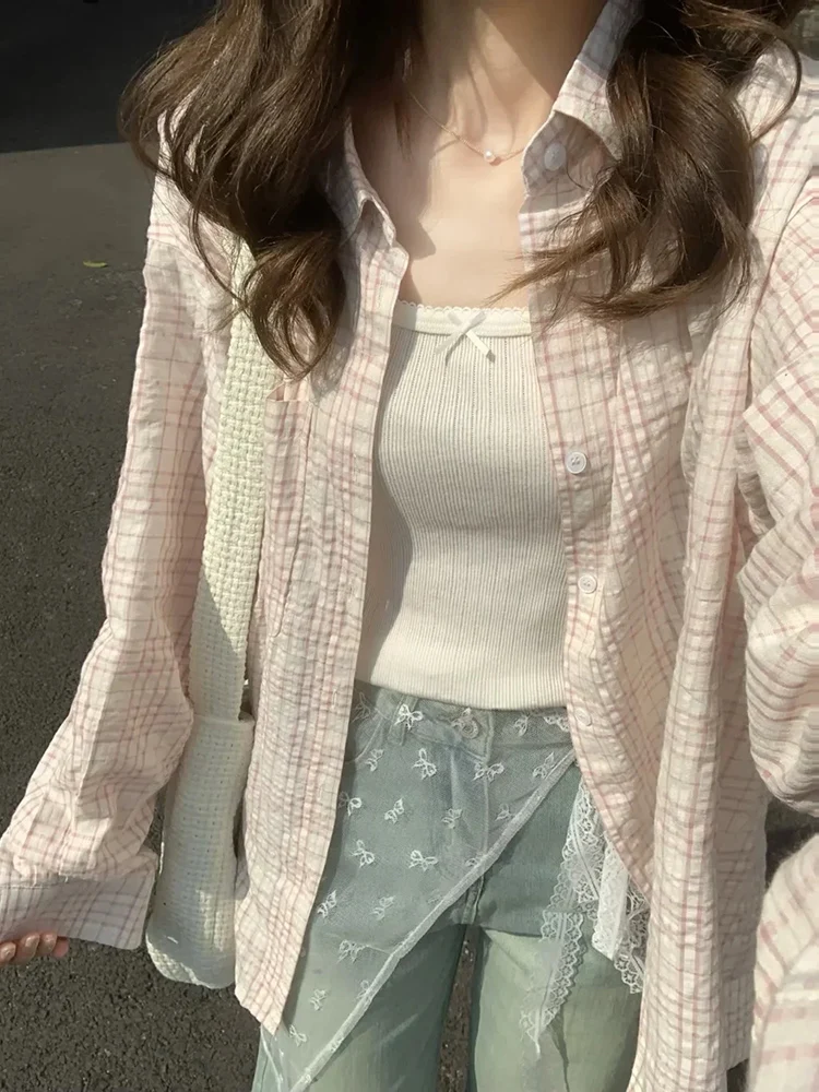 Women's Pink Sweet Checkered Shirt Summer Korean Fashion Design Street Casual Loose Women Striped Sun Protection Open Top