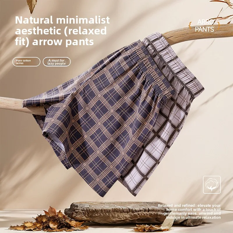 New Men's Pure Cotton Aloha Pants Plaid Underwear, Mid-Waist Boxers, Loose and Comfortable, Plus Size Square Shorts, Sleepwear