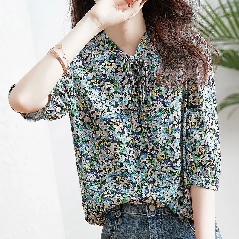 

Korean Elegant Floral Button Shirt Women's Clothing 2023 Casual Summer Fashion Vintage Lacing Female Half Sleeve Chiffon Blouse