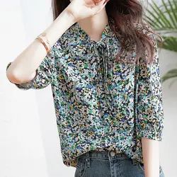 Korean Elegant Floral Button Shirt Women's Clothing 2023 Casual Summer Fashion Vintage Lacing Female Half Sleeve Chiffon Blouse