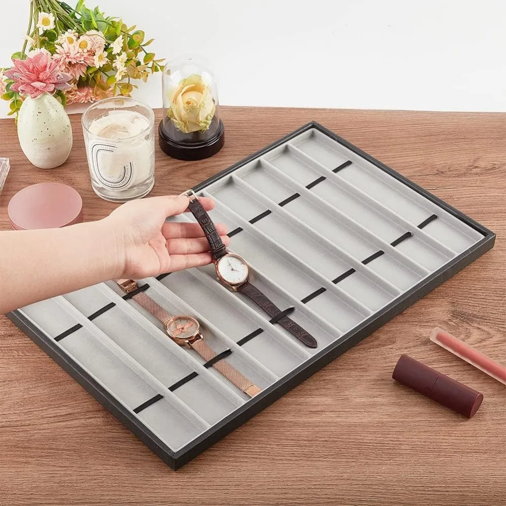 Bandeja organizadora de joyas gris oscuro de 10 rejillas, escaparate de reloj apilable con interior de terciopelo, cajas de almacenamiento de relojes de cuero de imitación