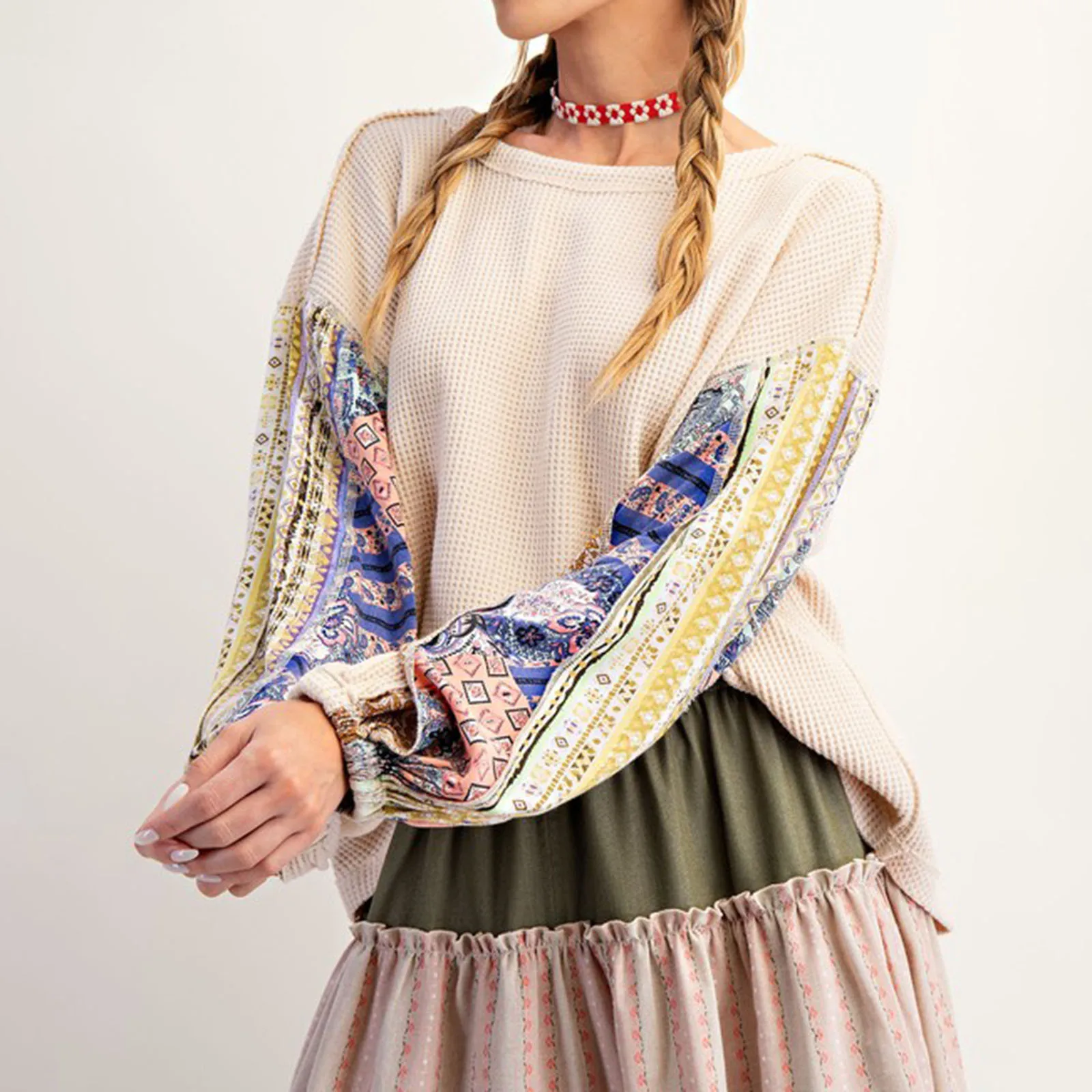 Women Sweatshirt, Long Sleeve Crew Neck Printed Patchwork Hoodie Pullover Casual Tops