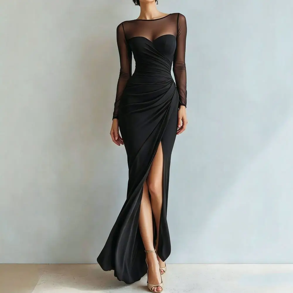Sexy Slim Fit Bodycon Dress Womens Long Sleeve High Split Evening Party Maxi Gowns Elegant Formal Banquet Cocktail Wear