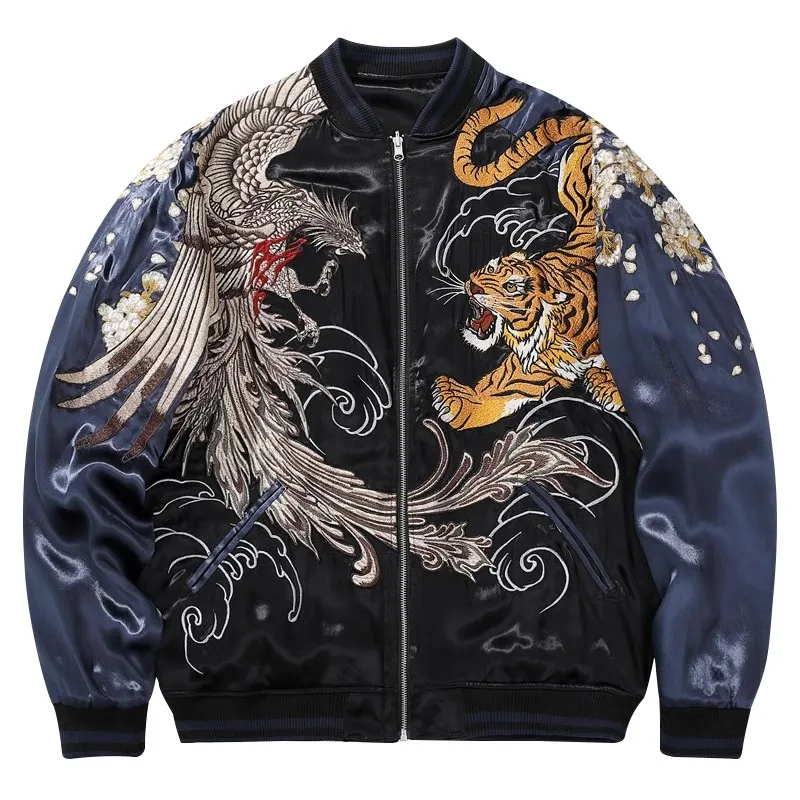 Men's New Classic Sukajan Souvenir Jacket Phoenix Sakura Tiger Embroidered Loose Coats Hip Hop Streetwear High Street Blue