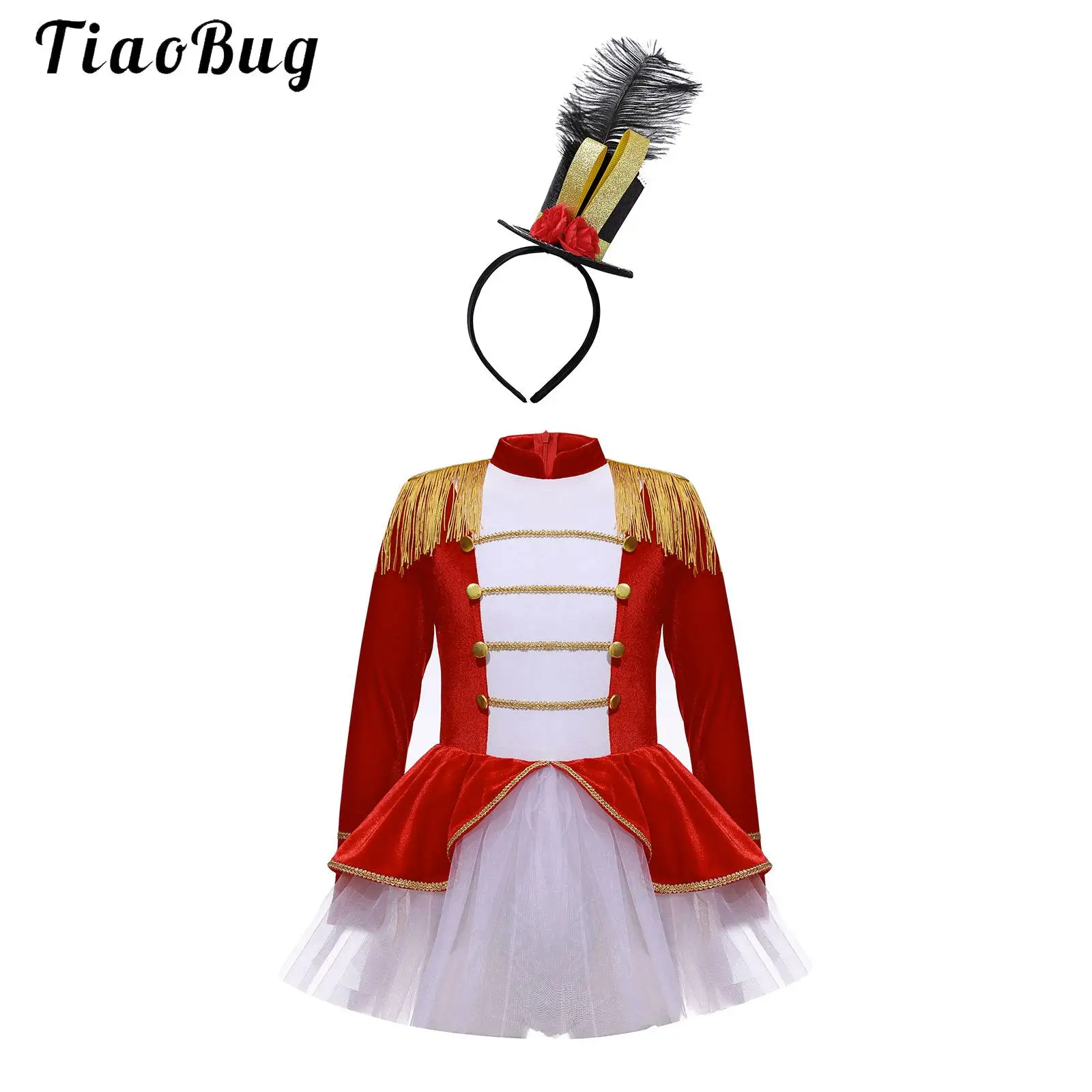 

Girls Ringmaster Circus Costume Long Sleeve Tassel EpauleTutu Leotard Dress with Mini Top Hat Christmas Halloween Party Cosplay