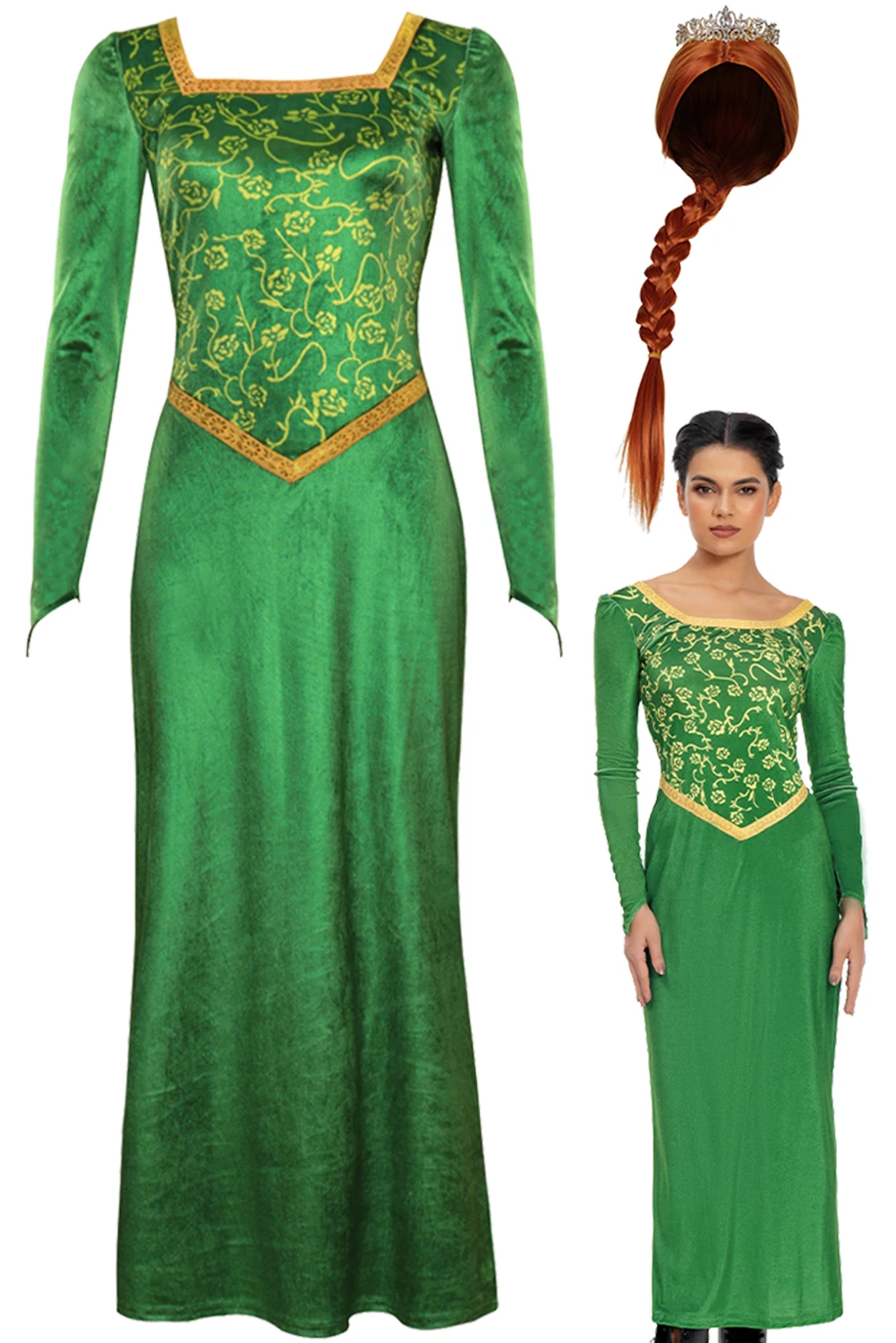 

Princess Fiona Cosplay Costume Green Dress Wigs Crown Set Halloween Carnival Suit For Disguise Ladies Women Adult