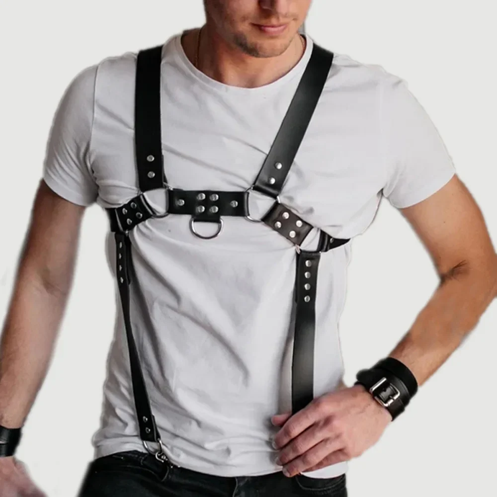 Men Chest Strap PU Leather Body Bondage Belt Harness Suspender Costume Braces