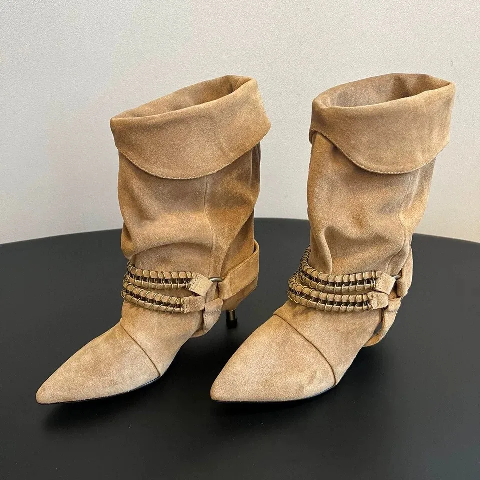 

Новые женские осенне-зимние короткие сапоги с острым носком и морщинистым каблуком с кисточками, женские рыцарские сапоги, средние сапоги размера 34-44