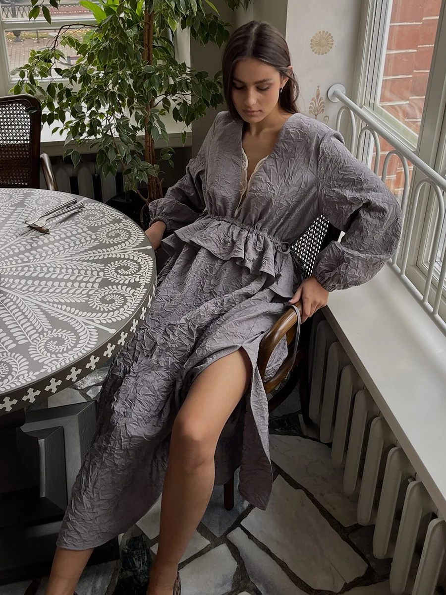 Bornladies Women's Spring Summer New Textured Pleated Dress Ruffle Lantern Sleeve Lace Trim Dress