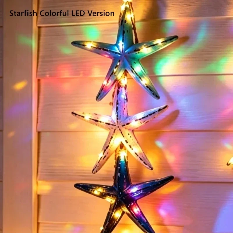 Wood Starfish Fish Hanging Wall Sign With LED Warm Lights Nautical Coastal Decor For Bathroom Porch Living Room Home Ornament