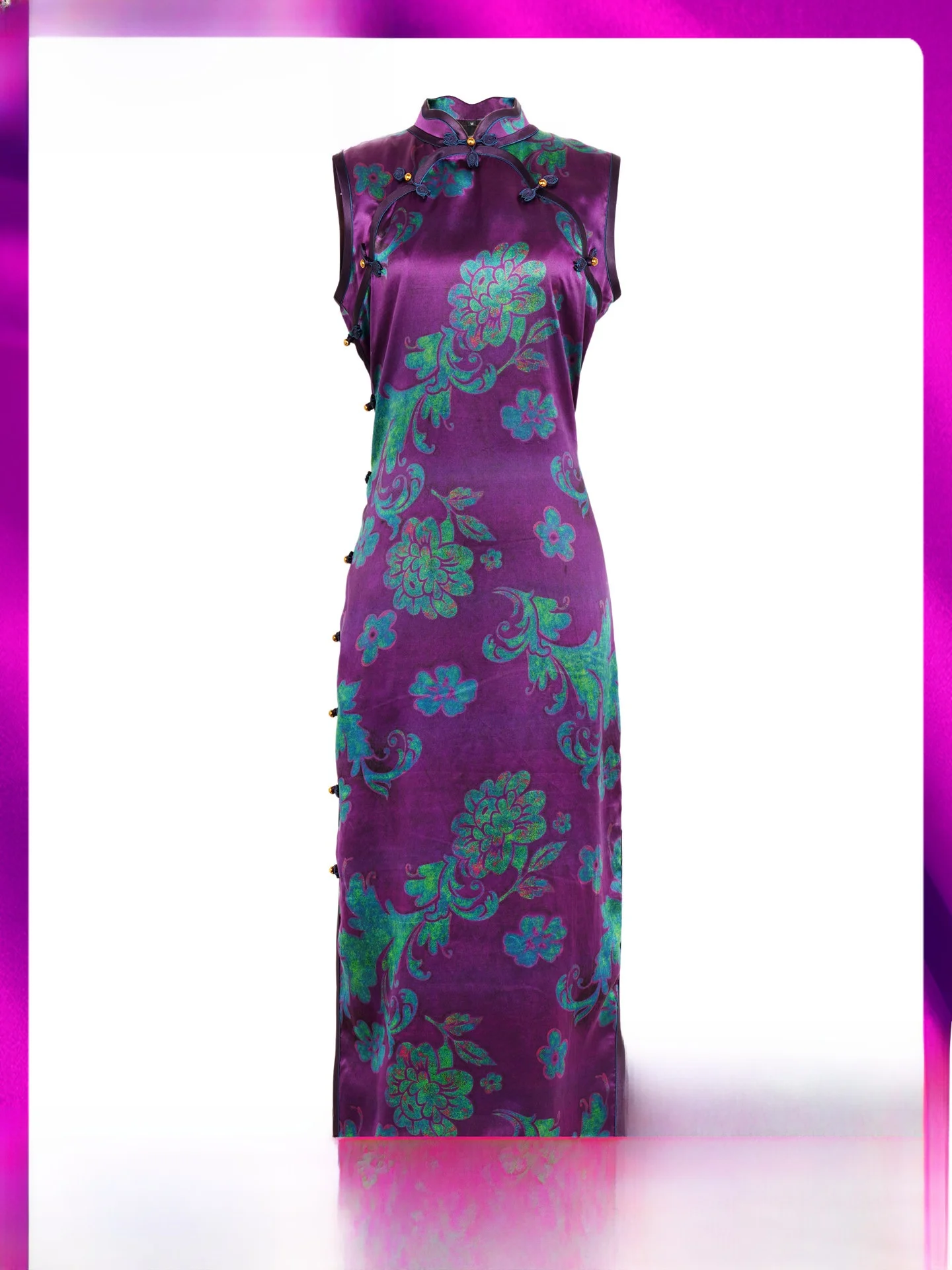 

Платье-туника ручной работы из 100% шелка, фиолетово-синее, с двойным воротником, в традиционном китайском стиле, пошив на заказ