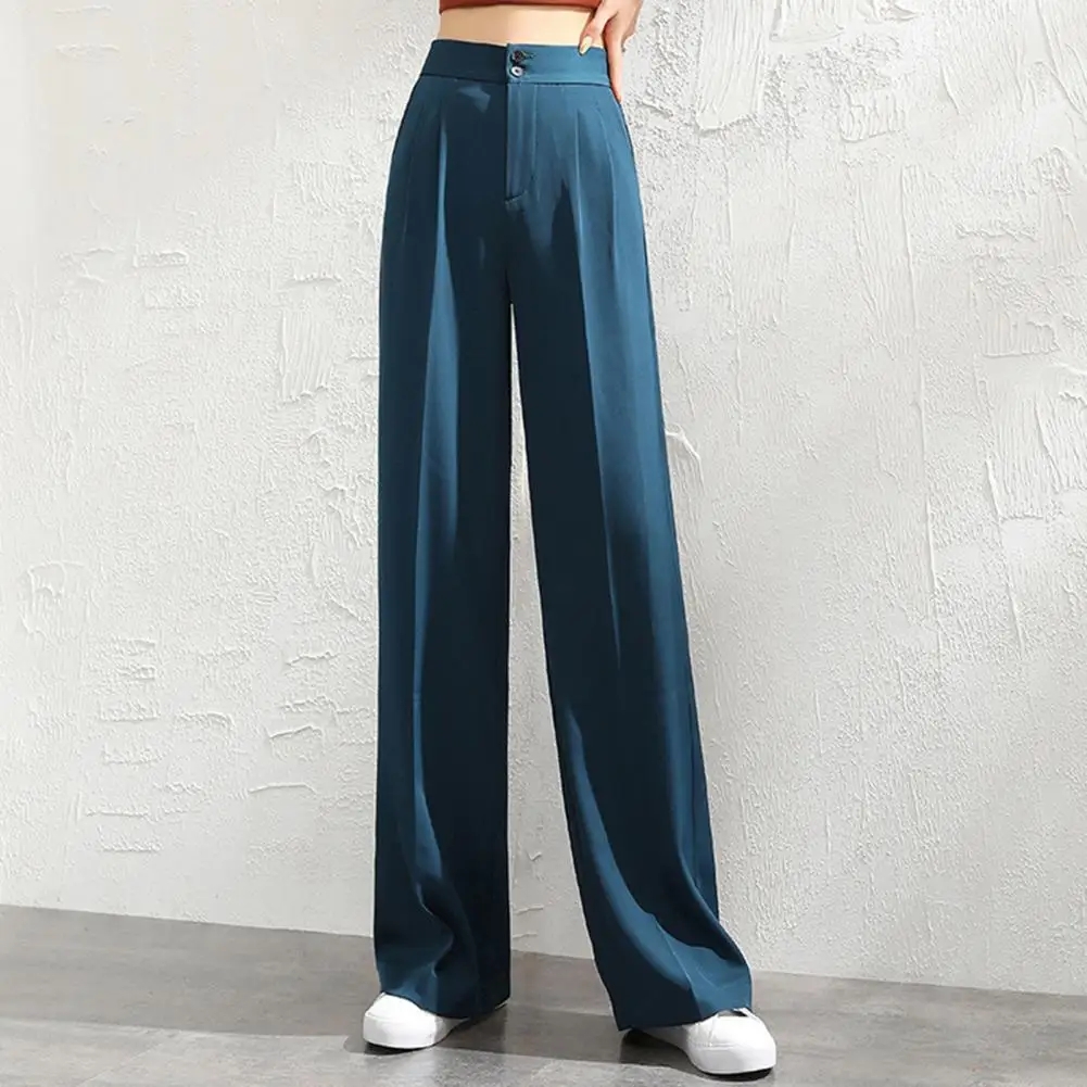 Summer Women Pants Solid Color High Waist Slant Pockets Wide Leg Draped Suit Trousers Elastic Waistband Smooth Lady Pants