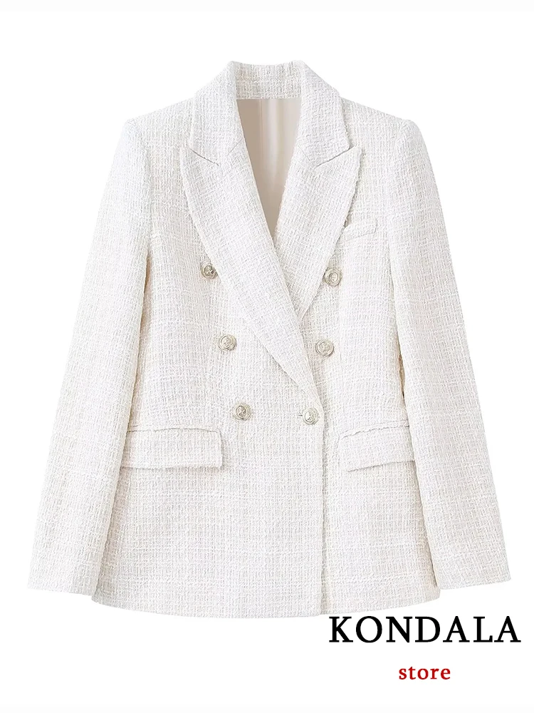 KONDALA Office Lady Women Jackets Double Breasted Tweed Blazer Coats Fashion 2022 Autumn Winter Coats Female Outwear Chic Tops