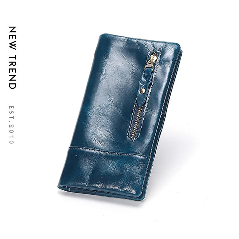 

Кошелек-портмоне женский из натуральной кожи, из высококачественной воловьей кожи, на молнии, простой, с вощеной отделкой, винтажный, с отделением для карт