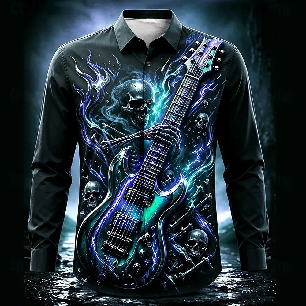 2026 Halloween Men's Skull Guitar Casual Shirt Long Sleeve Horror Dark Casual Streetwear Carnival Spring Fall Turndown Button Up