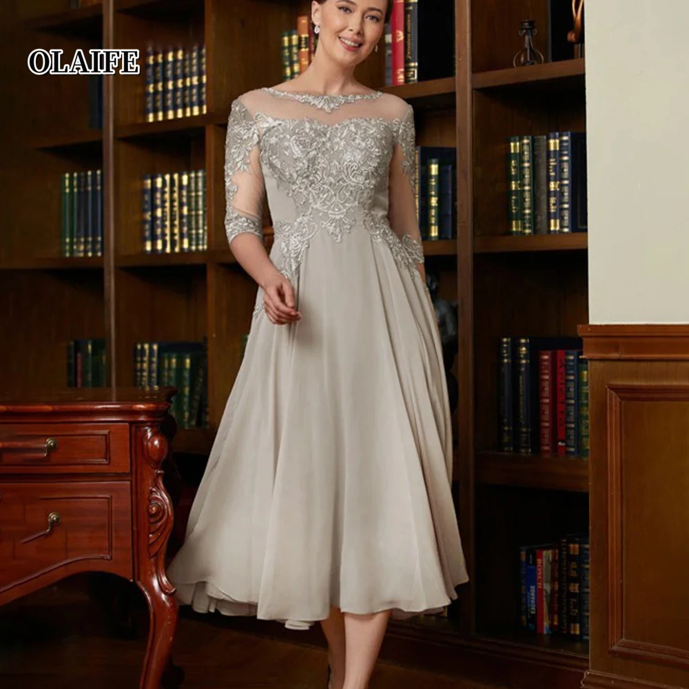 

Elegant A-line Party Dress Fashion Chiffon Mother of the Bride Dresses Scoop Neck Zipper Tea-Length Prom Gown vestido de noiva