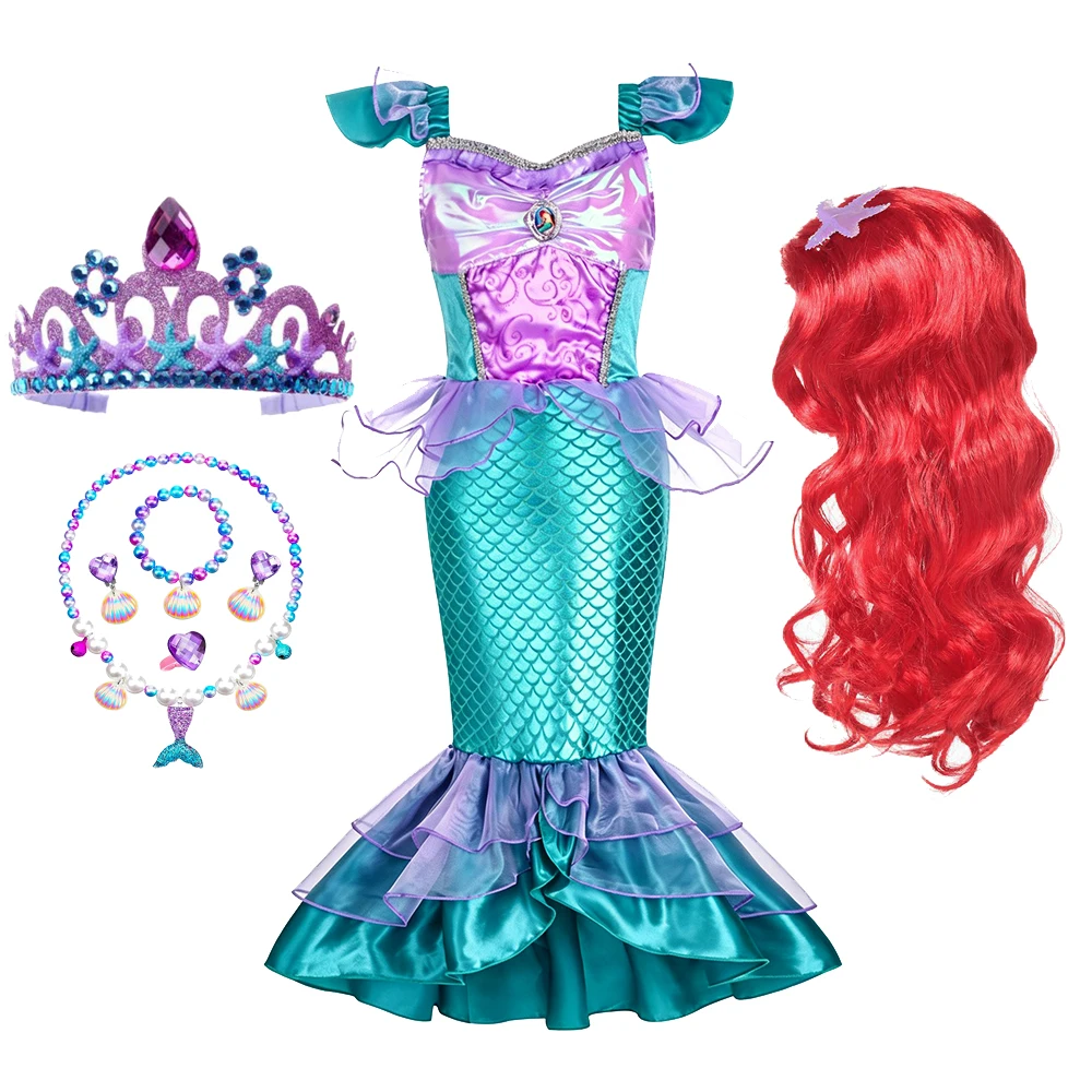Lila Meerjungfrauen-Kostüm, ärmelloses langes Kleid mit Muschelkette und Krone für Mädchen, Halloween-Party, Cosplay, Sommer-Outfit – Detail 7