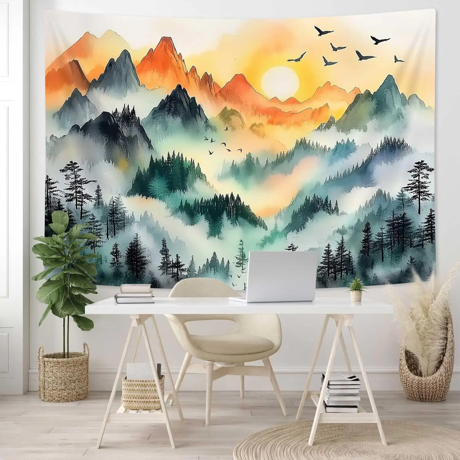 Misty Forest Mountain Tapestry Green Pine Tree Sunrise Birds Nature Landscape Tapestries The Golden Mountain Bedroom Aesthetic