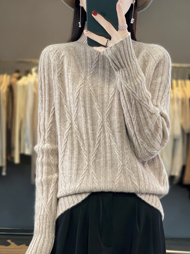 

Addonee Women Autumn Winter Turtleneck Sweater High Quality 100% Merino Wool Twist Flower Soft Cashmere Knitted Pullover Casual