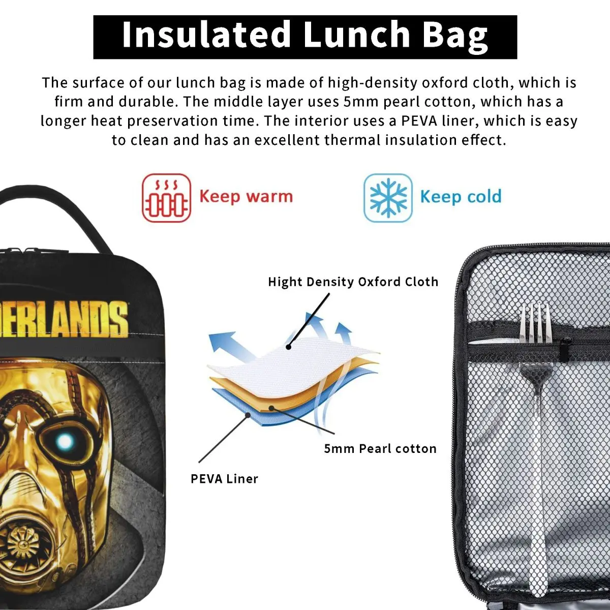 เกมบอร์เดอร์แลนด์ 4 กระเป๋าใส่อาหารกลางวันแบบหุ้มฉนวน ภาชนะบรรจุอาหาร กล่องอาหารกลางวันแบบเก็บความเย็นแบบพกพาสำหรับปิกนิก