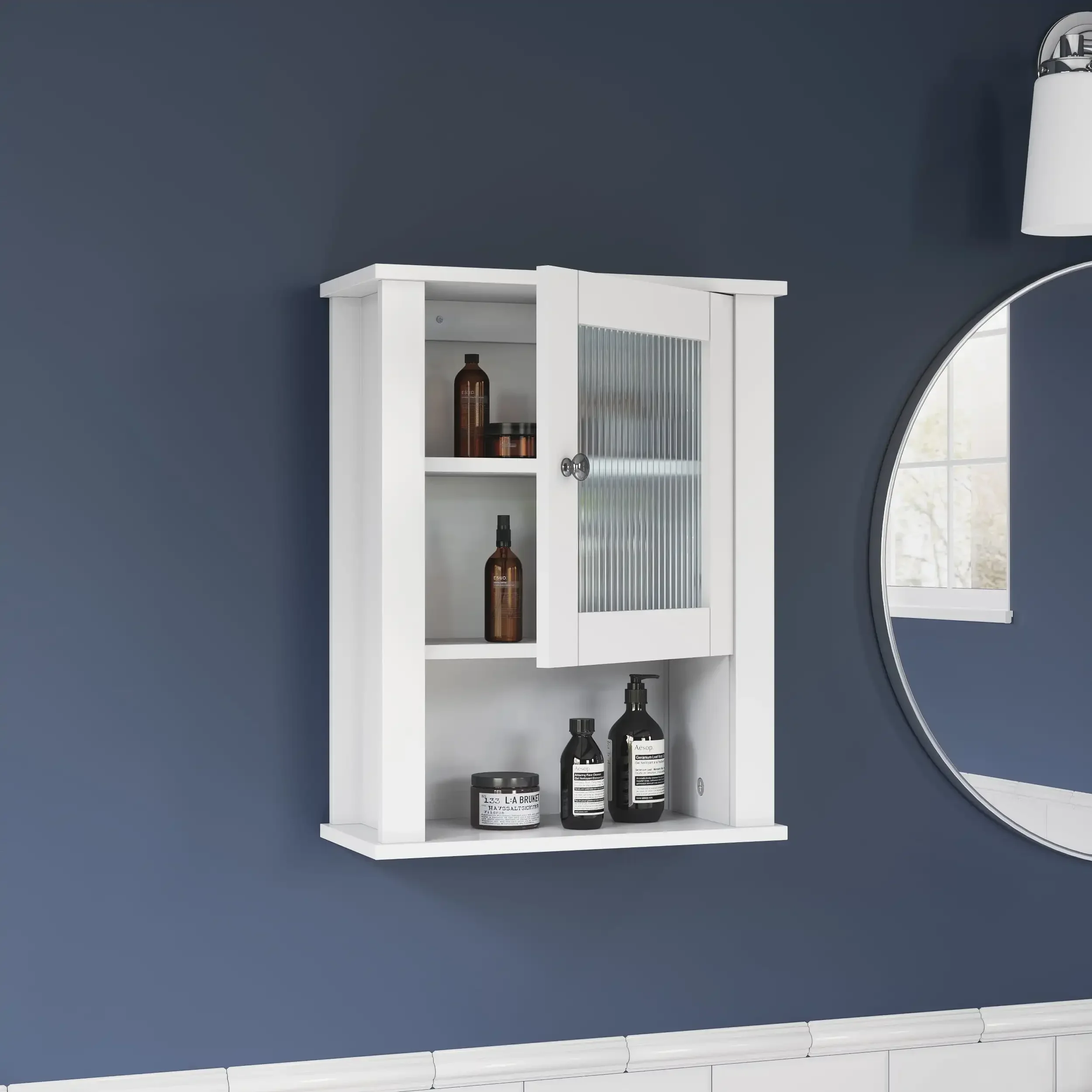 Prescott Single Door Bathroom and Laundry Wall Mount Storage Medicine Cabinet with Open and Adjustable Shelf - White