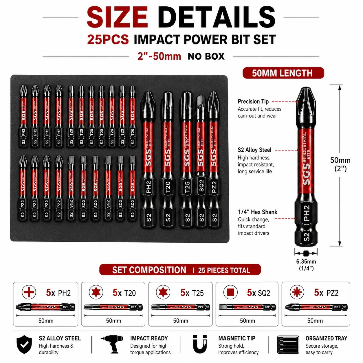 25-teiliges Set 50mm S2 Stahl Starke Magnetische Schlagschrauber-Bits Ph2/Pz2/T20/T25/Sq2 1/4 Zoll Sechskant-Schaft Elektroschrauber-Bits für Möbelmontage und Reparatur DIY – Detail 2