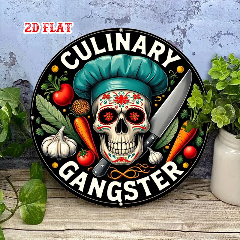 Vintage Culinary Gangster Round Tin Sign, Retro Sugar Skull Chef Kitchen Vegetables Knife Metal Wall Art, Rustic Funny Chef Kitc