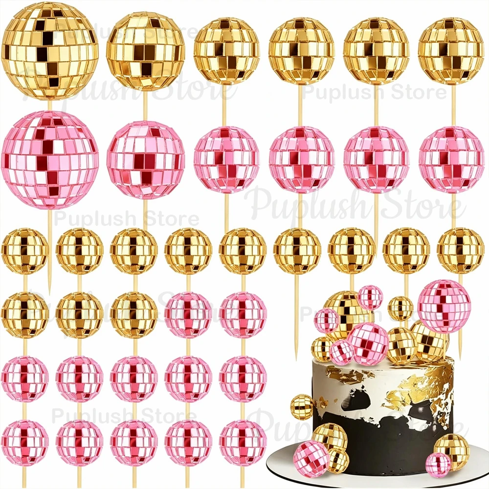 34-teiliges Disco-Kugel-Cupcake-Topper-Set, Spiegel-Silber, Gold, Pink, 70er Retro Kuchendekoration für Disco-Themen-Geburtstagsfeiern – Detail 6