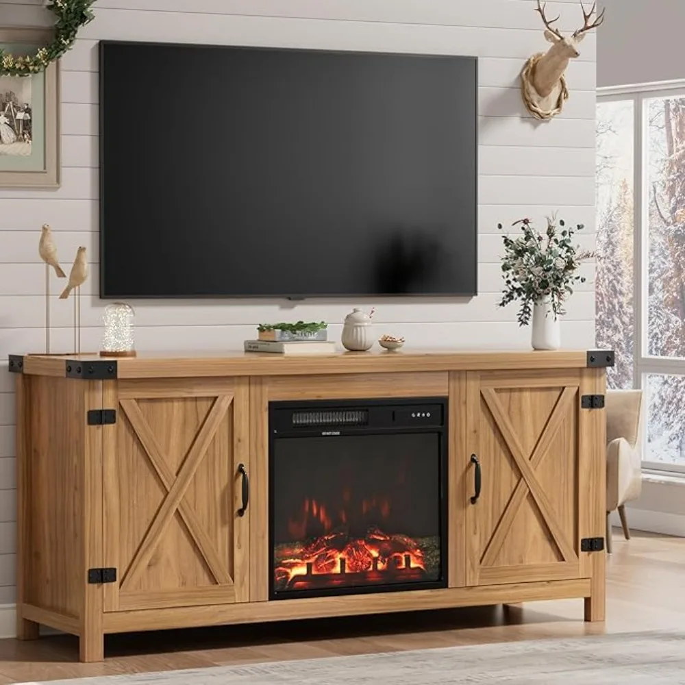 TV Stand for Up to 65 Inches TVs, Farmhouse Entertainment Center with Grooved Barn Doors, Rustic Media Console